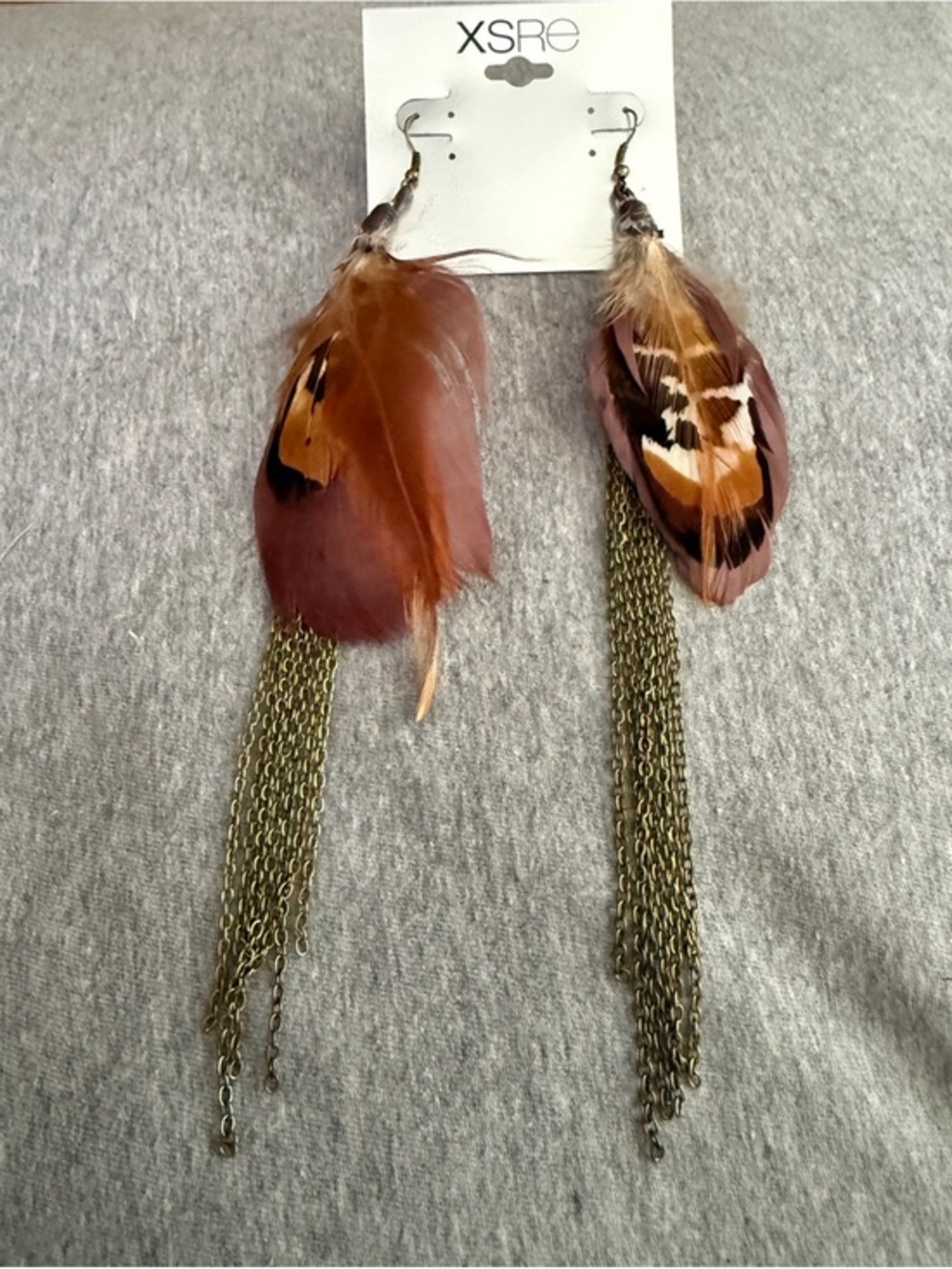 XSRE Brown Feather & Chain Drop Earrings